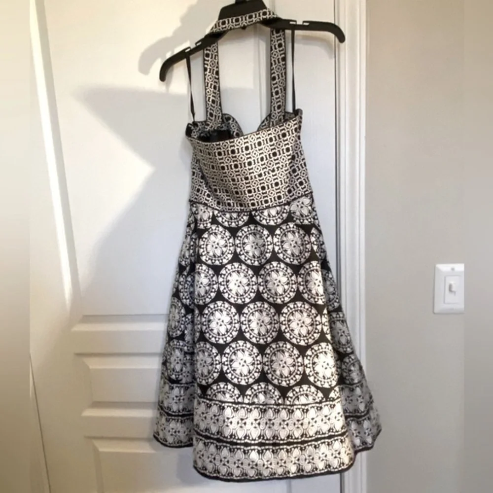 White House Black Market 100% silk black and white printed halter dress. - Picture 3 of 12